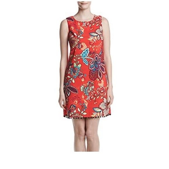 AGB Bright Bold Multicolor Floral Sleeveless Dress Black Pompom Hem Pockets 8 - Picture 1 of 11